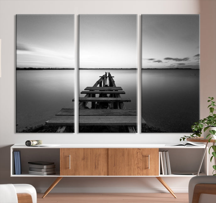 Wood Pier and Sea Black and White Landscape Large Wall Art Canvas Print