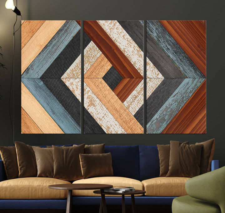 Wood Style Geometric Canvas Wall Art Print - Modern Multi Panel Wooden Style Design for Living Room, Office, or Bedroom, Ready to Hang Wall Decor