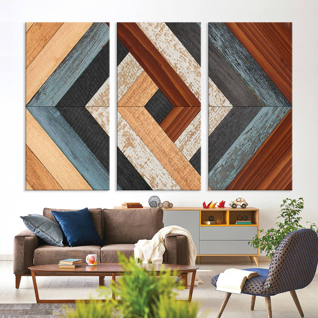 Wood Style Geometric Canvas Wall Art Print - Modern Multi Panel Wooden Style Design for Living Room, Office, or Bedroom, Ready to Hang Wall Decor