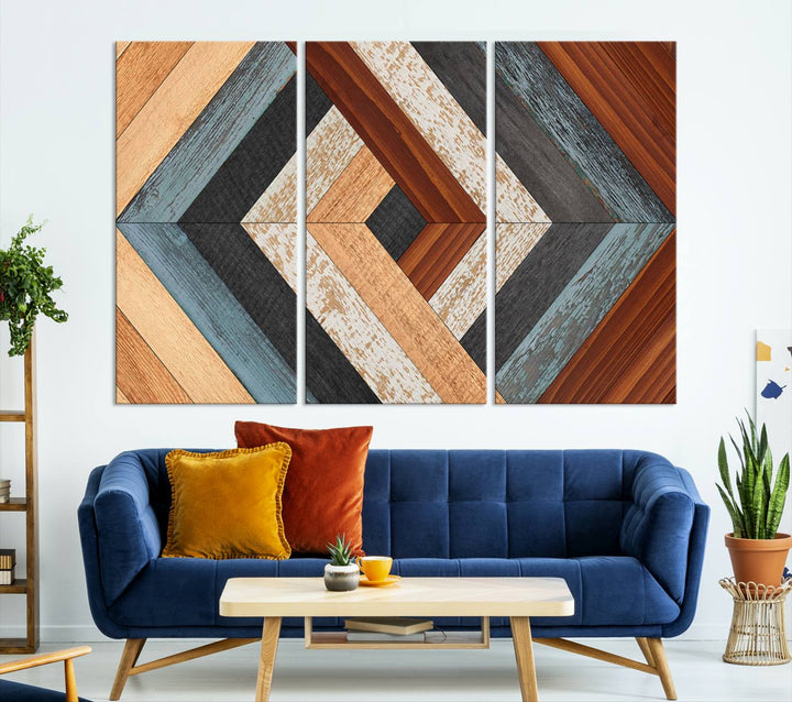 Wood Style Geometric Canvas Wall Art Print - Modern Multi Panel Wooden Style Design for Living Room, Office, or Bedroom, Ready to Hang Wall Decor