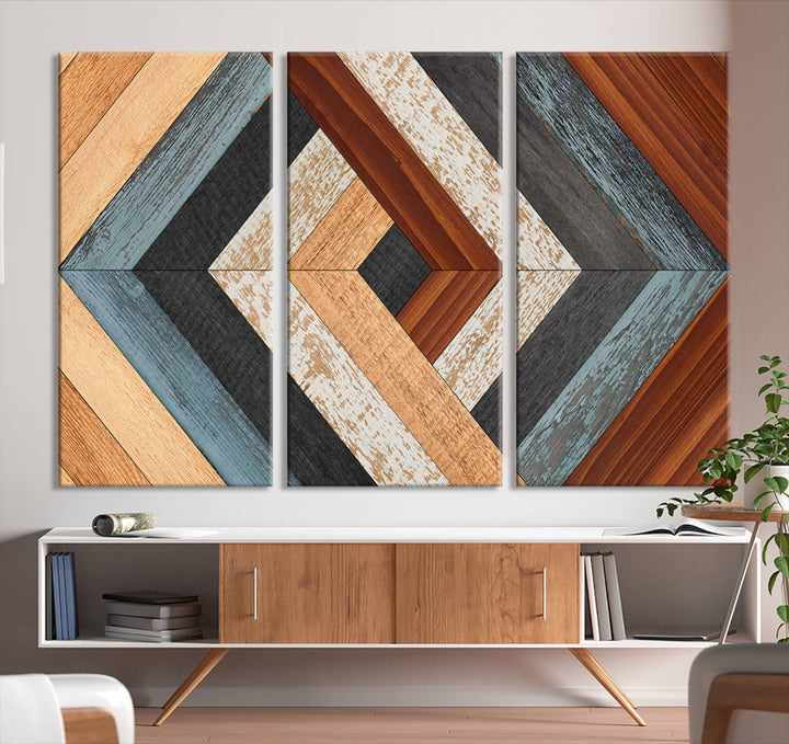 Wood Style Geometric Canvas Wall Art Print - Modern Multi Panel Wooden Style Design for Living Room, Office, or Bedroom, Ready to Hang Wall Decor