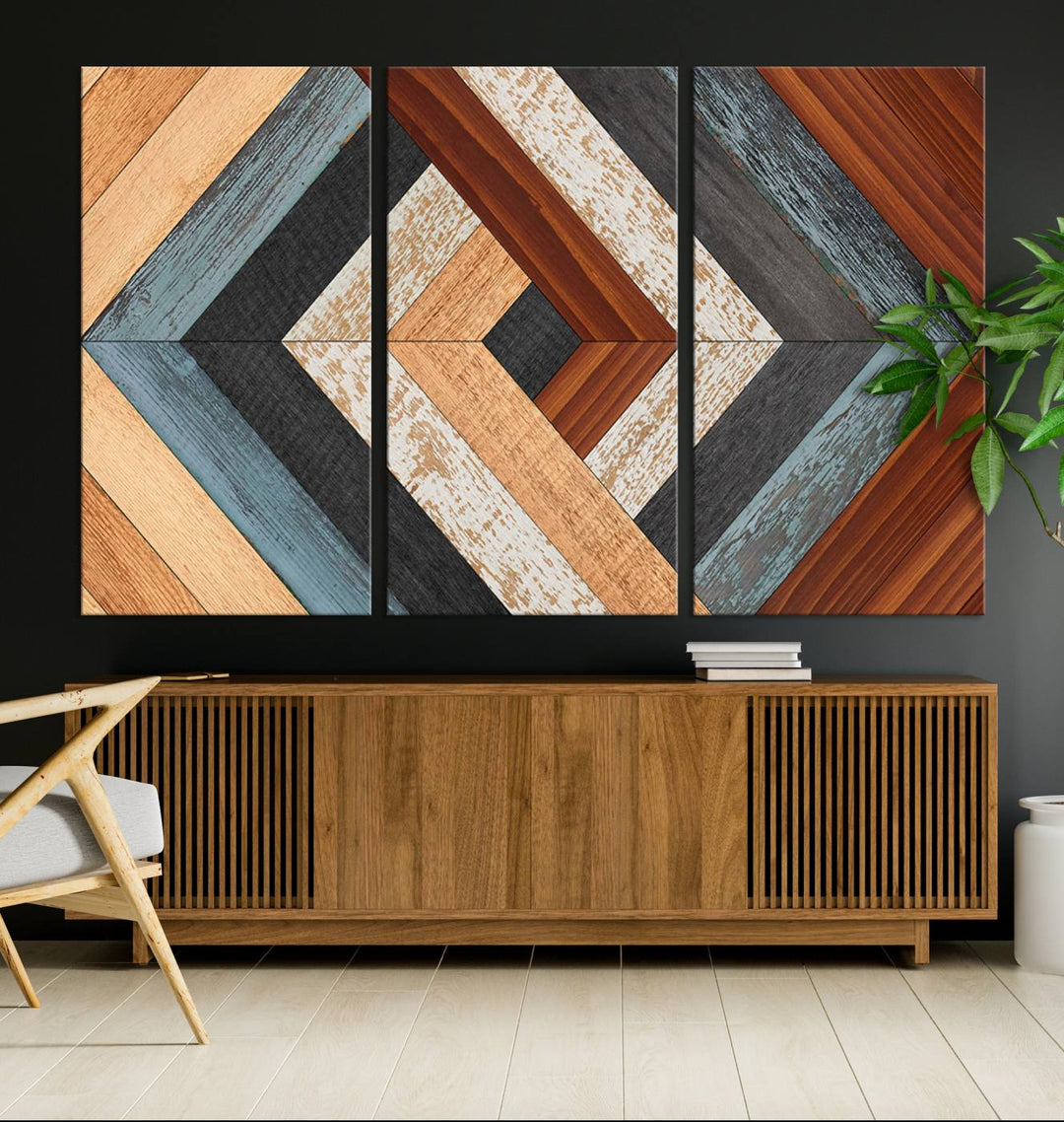 Wood Style Geometric Canvas Wall Art Print - Modern Multi Panel Wooden Style Design for Living Room, Office, or Bedroom, Ready to Hang Wall Decor