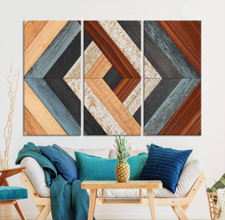 Wood Style Geometric Canvas Wall Art Print - Modern Multi Panel Wooden Style Design for Living Room, Office, or Bedroom, Ready to Hang Wall Decor