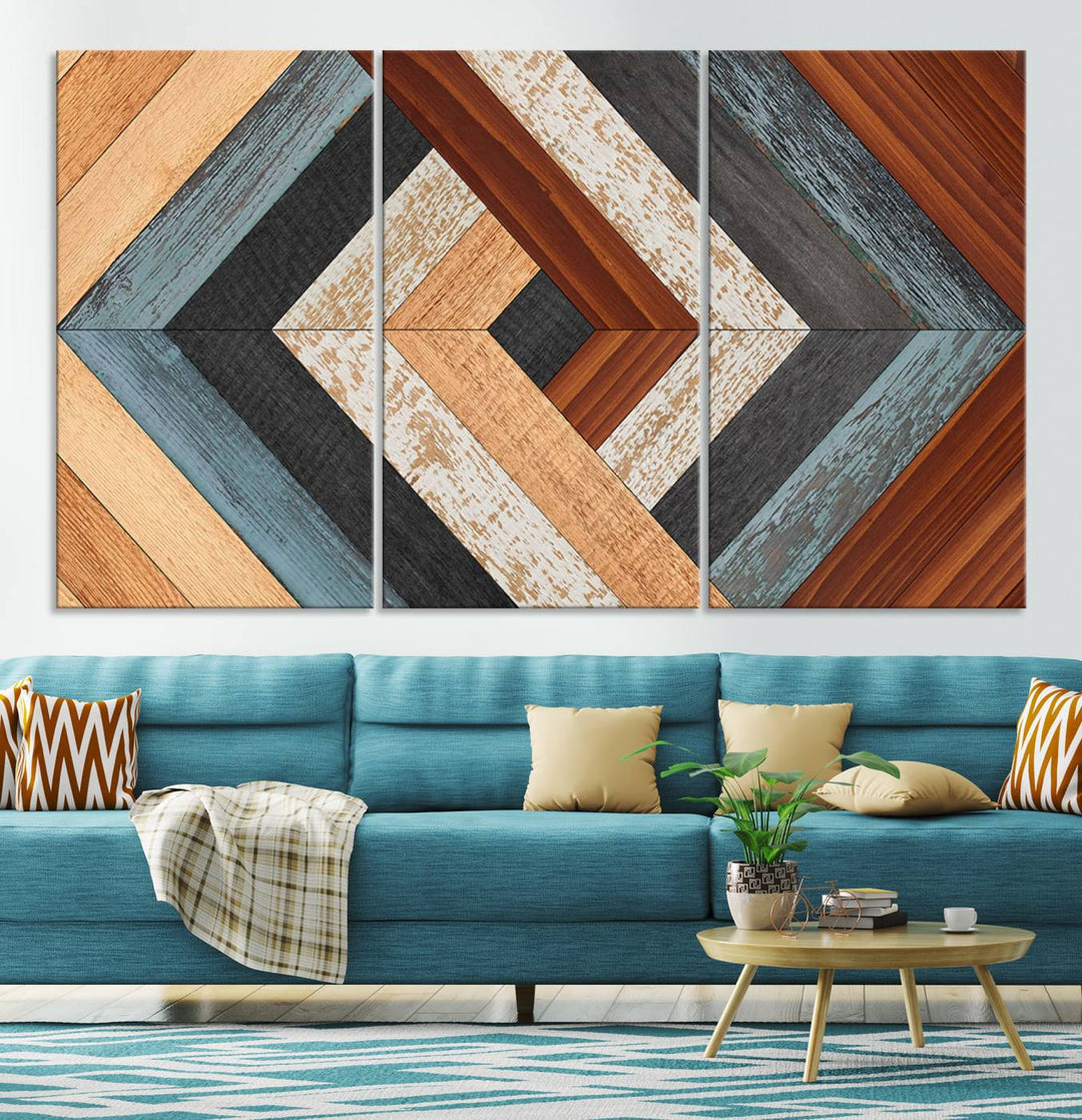 Wood Style Geometric Canvas Wall Art Print - Modern Multi Panel Wooden Style Design for Living Room, Office, or Bedroom, Ready to Hang Wall Decor