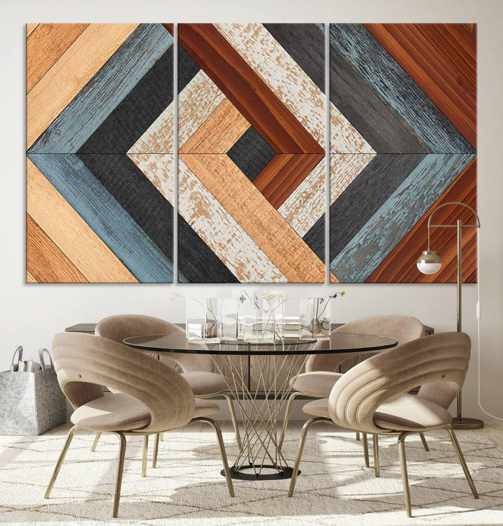 Wood Style Geometric Canvas Wall Art Print - Modern Multi Panel Wooden Style Design for Living Room, Office, or Bedroom, Ready to Hang Wall Decor