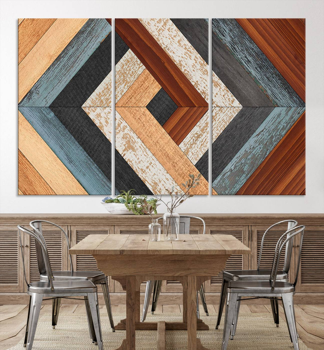 Wood Style Geometric Canvas Wall Art Print - Modern Multi Panel Wooden Style Design for Living Room, Office, or Bedroom, Ready to Hang Wall Decor