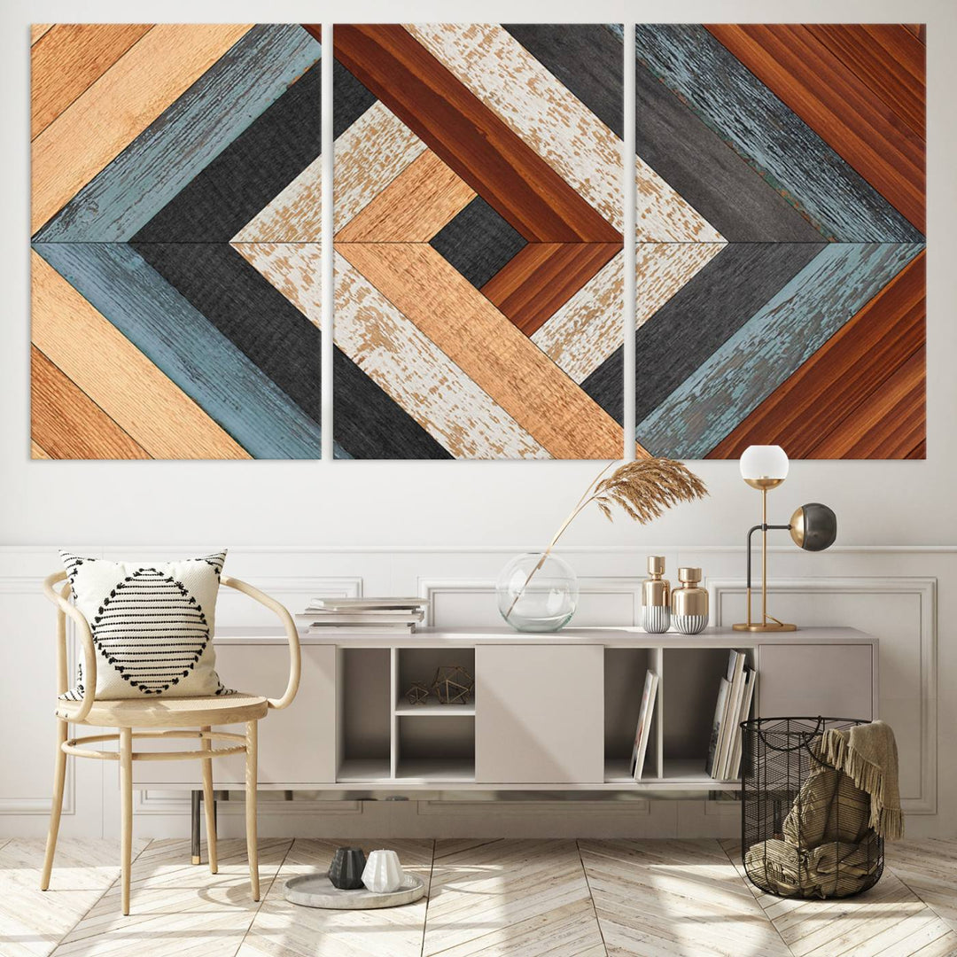 Wood Style Geometric Canvas Wall Art Print - Modern Multi Panel Wooden Style Design for Living Room, Office, or Bedroom, Ready to Hang Wall Decor