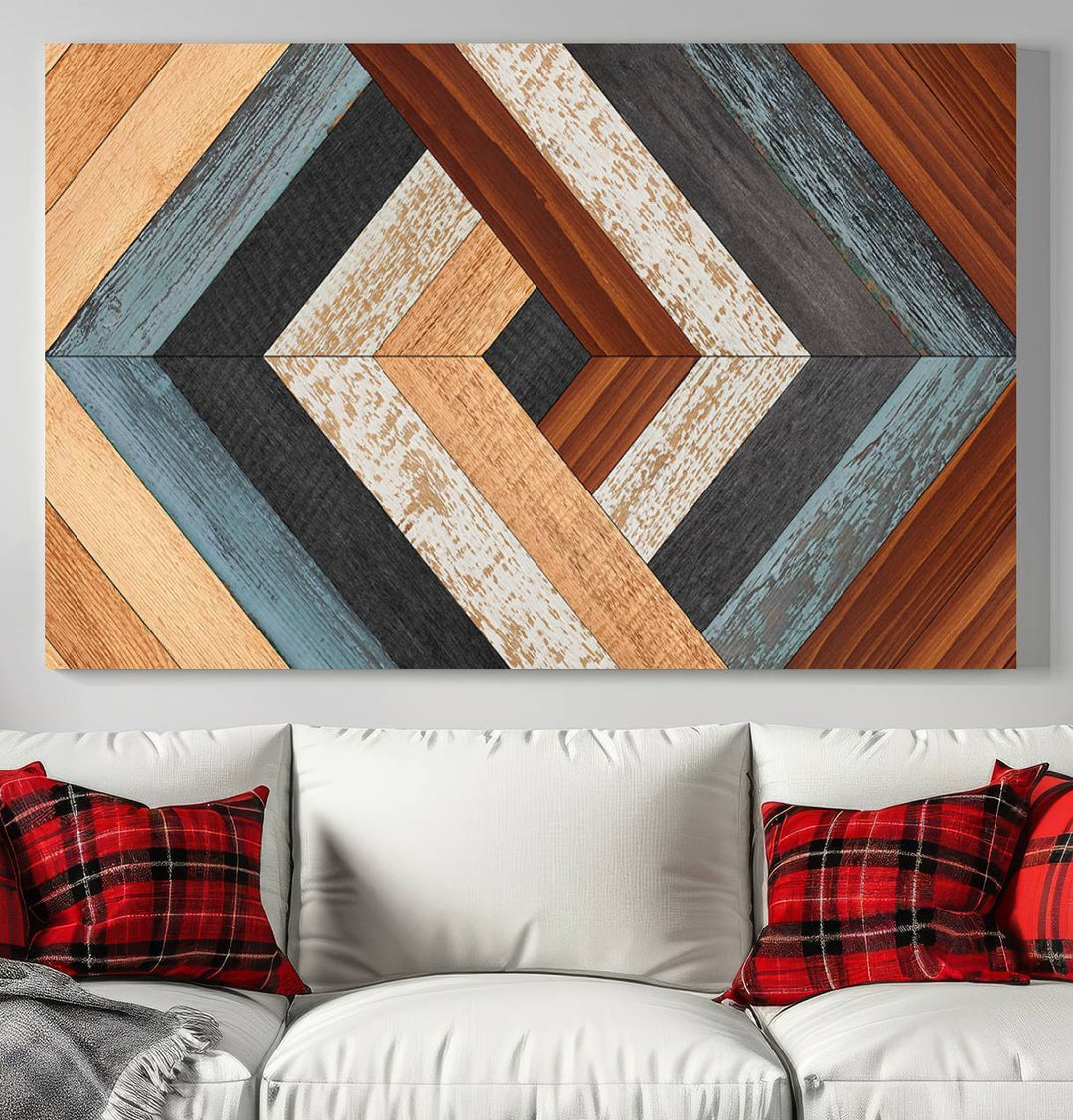 Wood Style Geometric Canvas Wall Art Print - Modern Multi Panel Wooden Style Design for Living Room, Office, or Bedroom, Ready to Hang Wall Decor