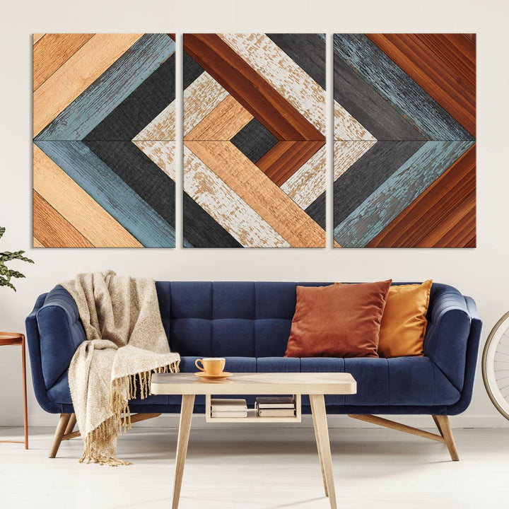 Wood Style Geometric Canvas Wall Art Print - Modern Multi Panel Wooden Style Design for Living Room, Office, or Bedroom, Ready to Hang Wall Decor