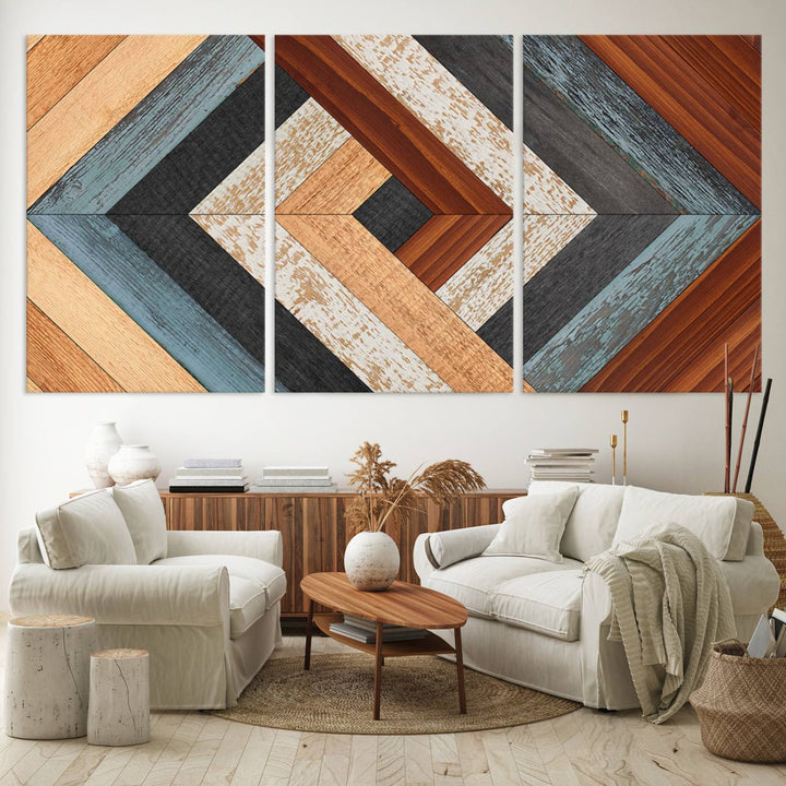 Wood Style Geometric Canvas Wall Art Print - Modern Multi Panel Wooden Style Design for Living Room, Office, or Bedroom, Ready to Hang Wall Decor