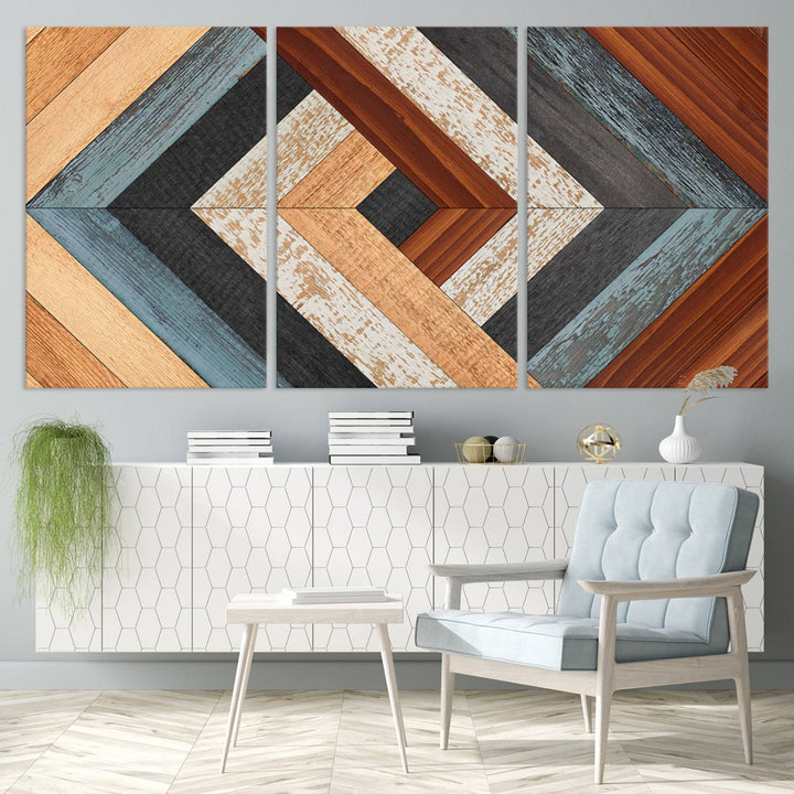 Wood Style Geometric Canvas Wall Art Print - Modern Multi Panel Wooden Style Design for Living Room, Office, or Bedroom, Ready to Hang Wall Decor