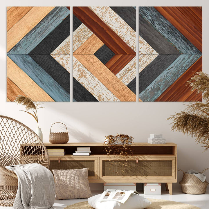 Wood Style Geometric Canvas Wall Art Print - Modern Multi Panel Wooden Style Design for Living Room, Office, or Bedroom, Ready to Hang Wall Decor