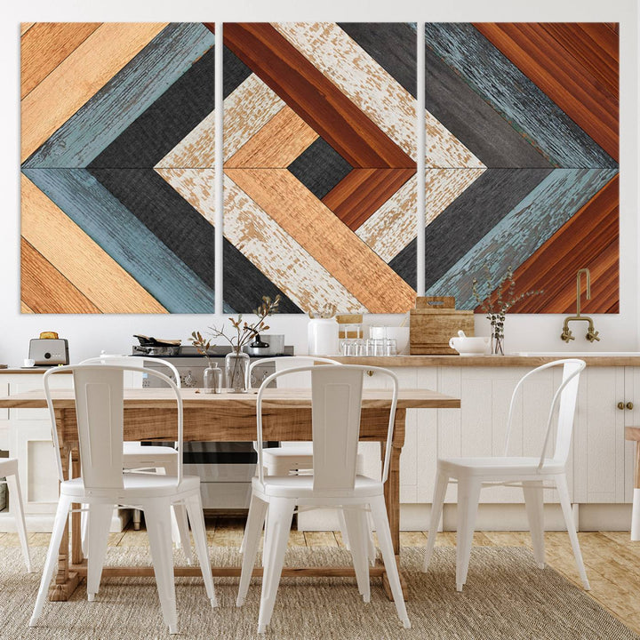 Wood Style Geometric Canvas Wall Art Print - Modern Multi Panel Wooden Style Design for Living Room, Office, or Bedroom, Ready to Hang Wall Decor