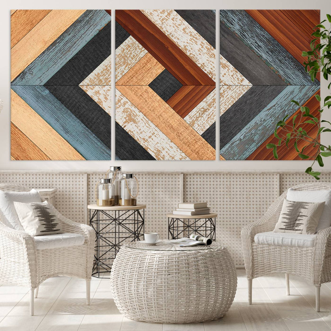 Wood Style Geometric Canvas Wall Art Print - Modern Multi Panel Wooden Style Design for Living Room, Office, or Bedroom, Ready to Hang Wall Decor