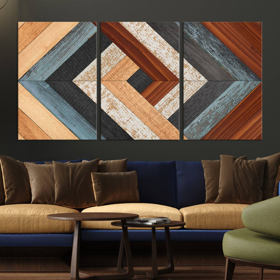 Wood Style Geometric Canvas Wall Art Print - Modern Multi Panel Wooden Style Design for Living Room, Office, or Bedroom, Ready to Hang Wall Decor