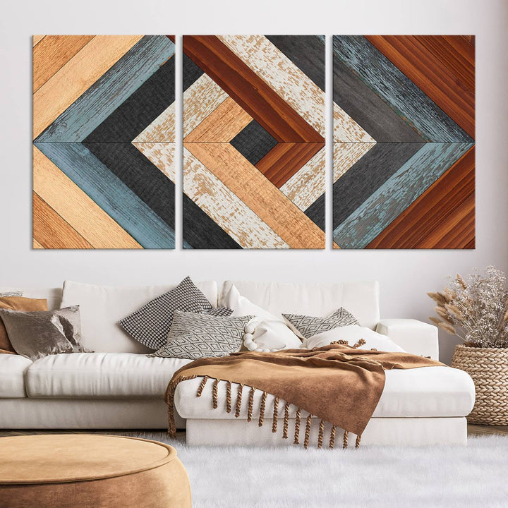 Wood Style Geometric Canvas Wall Art Print - Modern Multi Panel Wooden Style Design for Living Room, Office, or Bedroom, Ready to Hang Wall Decor