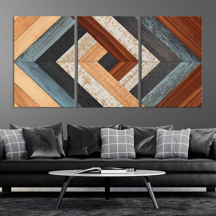 Wood Style Geometric Canvas Wall Art Print - Modern Multi Panel Wooden Style Design for Living Room, Office, or Bedroom, Ready to Hang Wall Decor