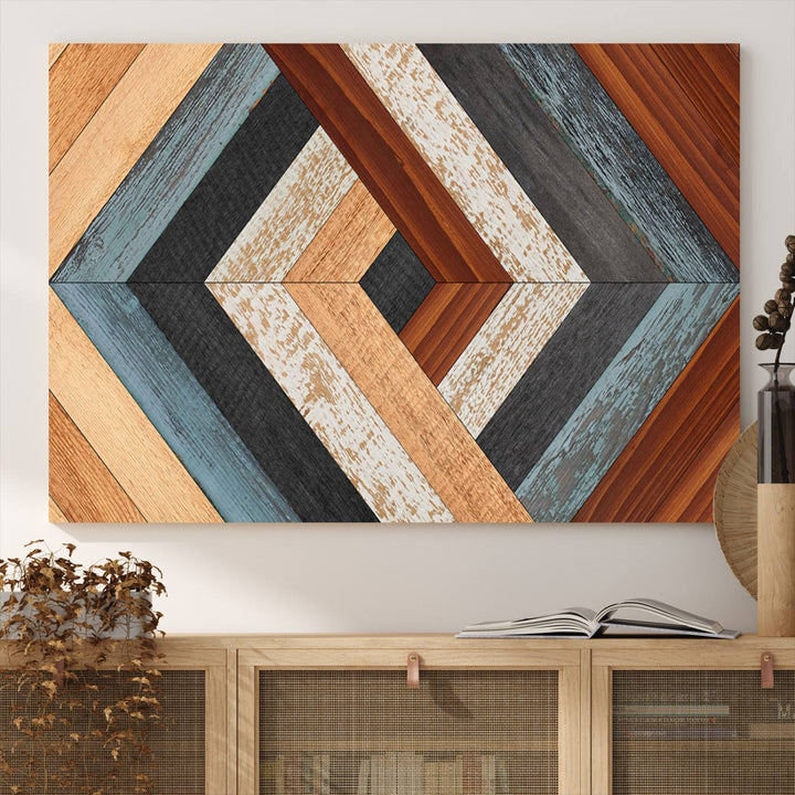 Wood Style Geometric Canvas Wall Art Print - Modern Multi Panel Wooden Style Design for Living Room, Office, or Bedroom, Ready to Hang Wall Decor