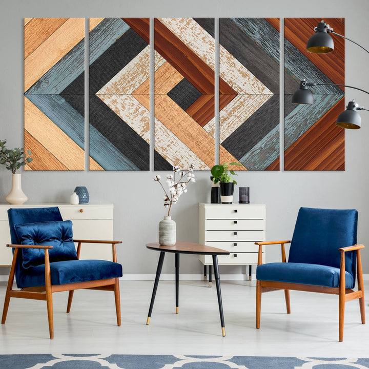 Wood Style Geometric Canvas Wall Art Print - Modern Multi Panel Wooden Style Design for Living Room, Office, or Bedroom, Ready to Hang Wall Decor