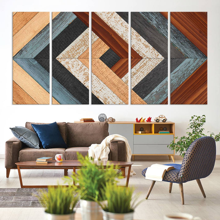 Wood Style Geometric Canvas Wall Art Print - Modern Multi Panel Wooden Style Design for Living Room, Office, or Bedroom, Ready to Hang Wall Decor