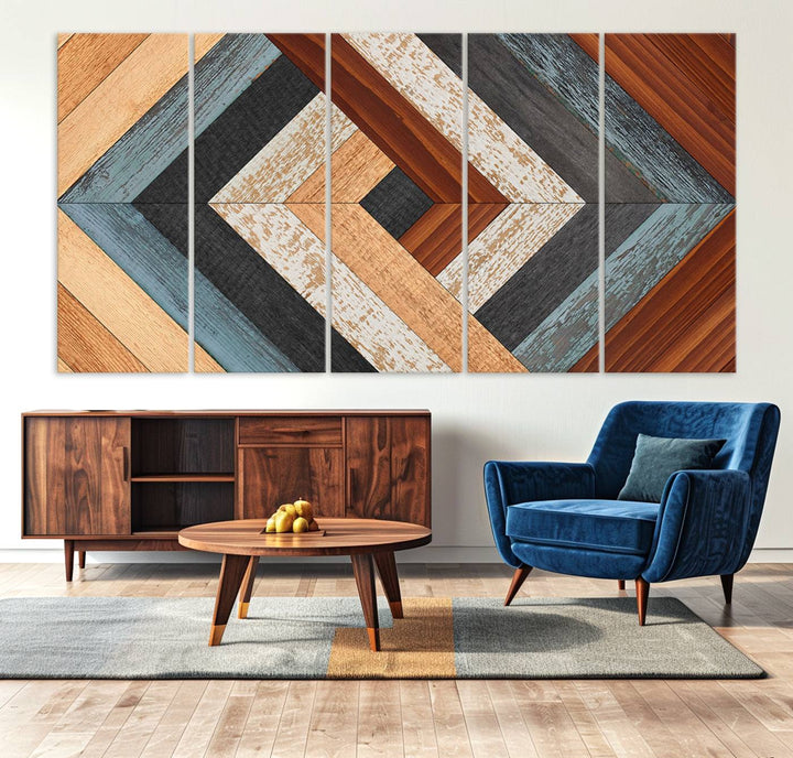 Wood Style Geometric Canvas Wall Art Print - Modern Multi Panel Wooden Style Design for Living Room, Office, or Bedroom, Ready to Hang Wall Decor