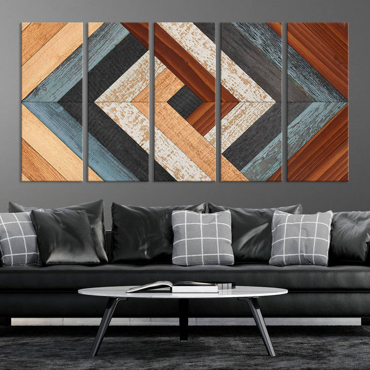 Wood Style Geometric Canvas Wall Art Print - Modern Multi Panel Wooden Style Design for Living Room, Office, or Bedroom, Ready to Hang Wall Decor