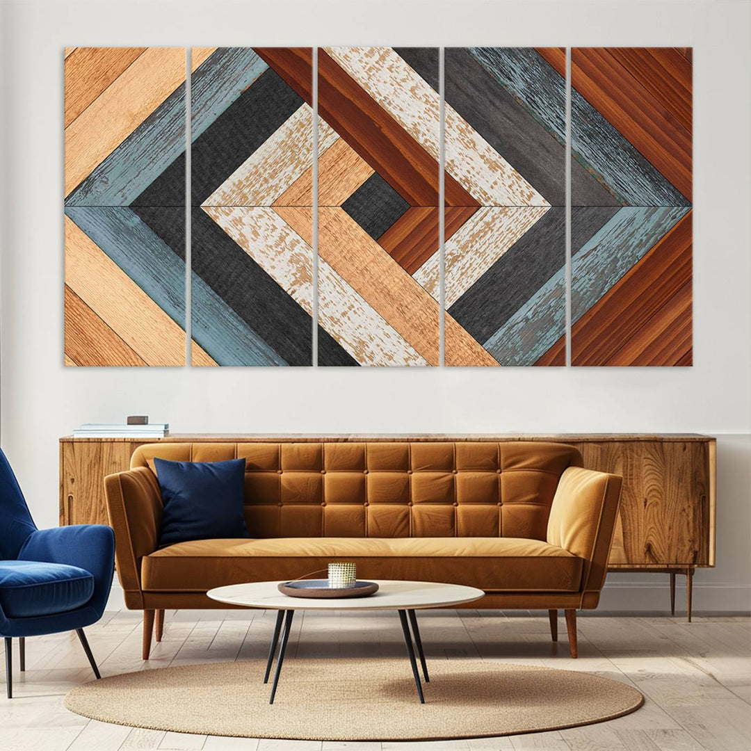 Wood Style Geometric Canvas Wall Art Print - Modern Multi Panel Wooden Style Design for Living Room, Office, or Bedroom, Ready to Hang Wall Decor