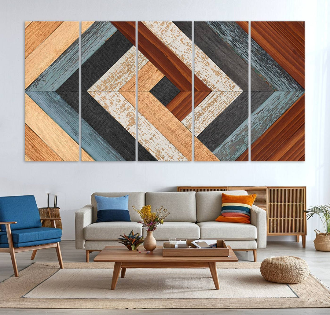 Wood Style Geometric Canvas Wall Art Print - Modern Multi Panel Wooden Style Design for Living Room, Office, or Bedroom, Ready to Hang Wall Decor