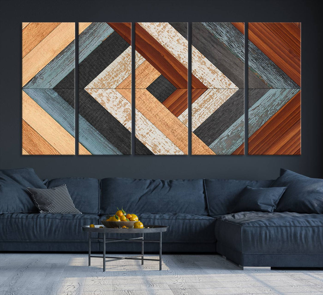 Wood Style Geometric Canvas Wall Art Print - Modern Multi Panel Wooden Style Design for Living Room, Office, or Bedroom, Ready to Hang Wall Decor