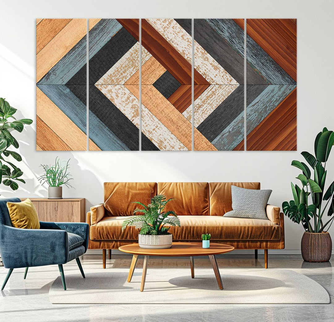 Wood Style Geometric Canvas Wall Art Print - Modern Multi Panel Wooden Style Design for Living Room, Office, or Bedroom, Ready to Hang Wall Decor