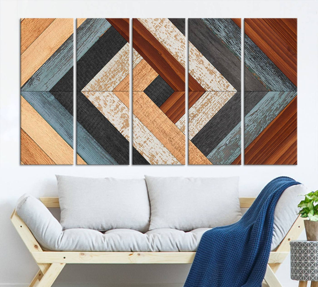 Wood Style Geometric Canvas Wall Art Print - Modern Multi Panel Wooden Style Design for Living Room, Office, or Bedroom, Ready to Hang Wall Decor