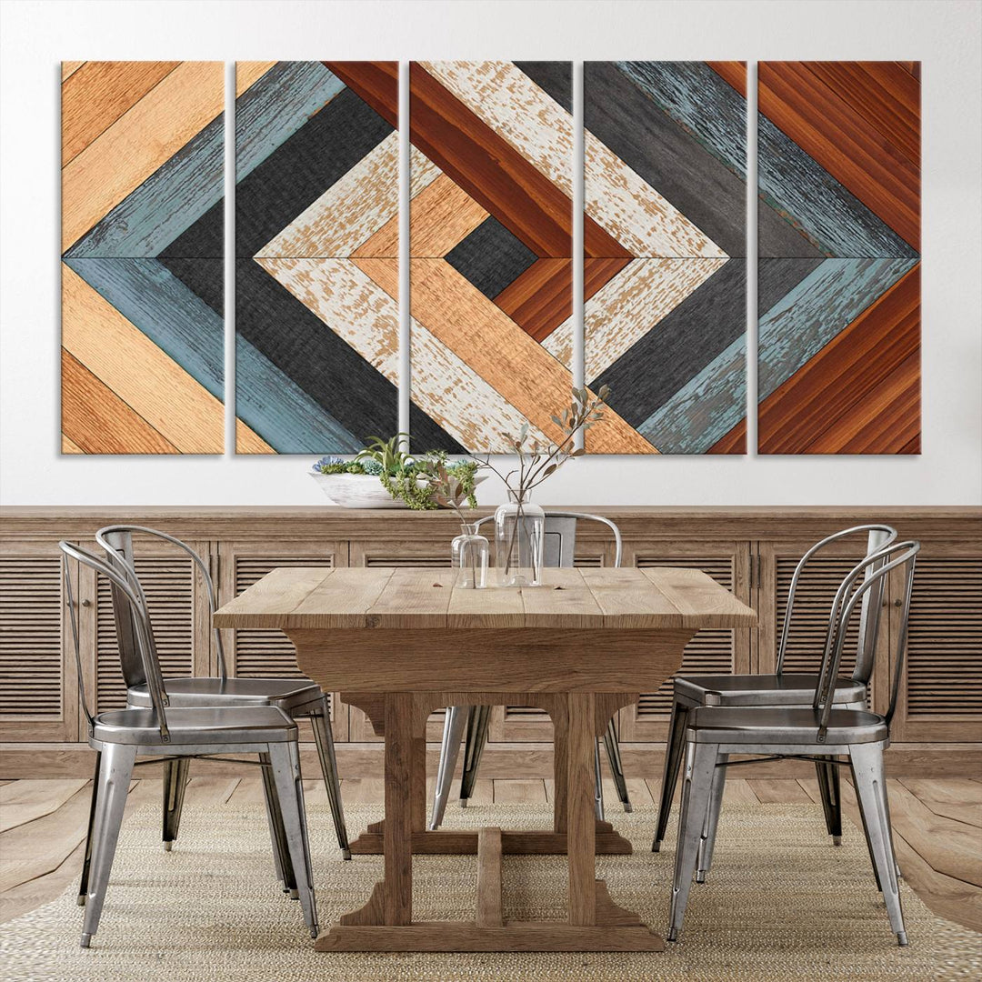 Wood Style Geometric Canvas Wall Art Print - Modern Multi Panel Wooden Style Design for Living Room, Office, or Bedroom, Ready to Hang Wall Decor