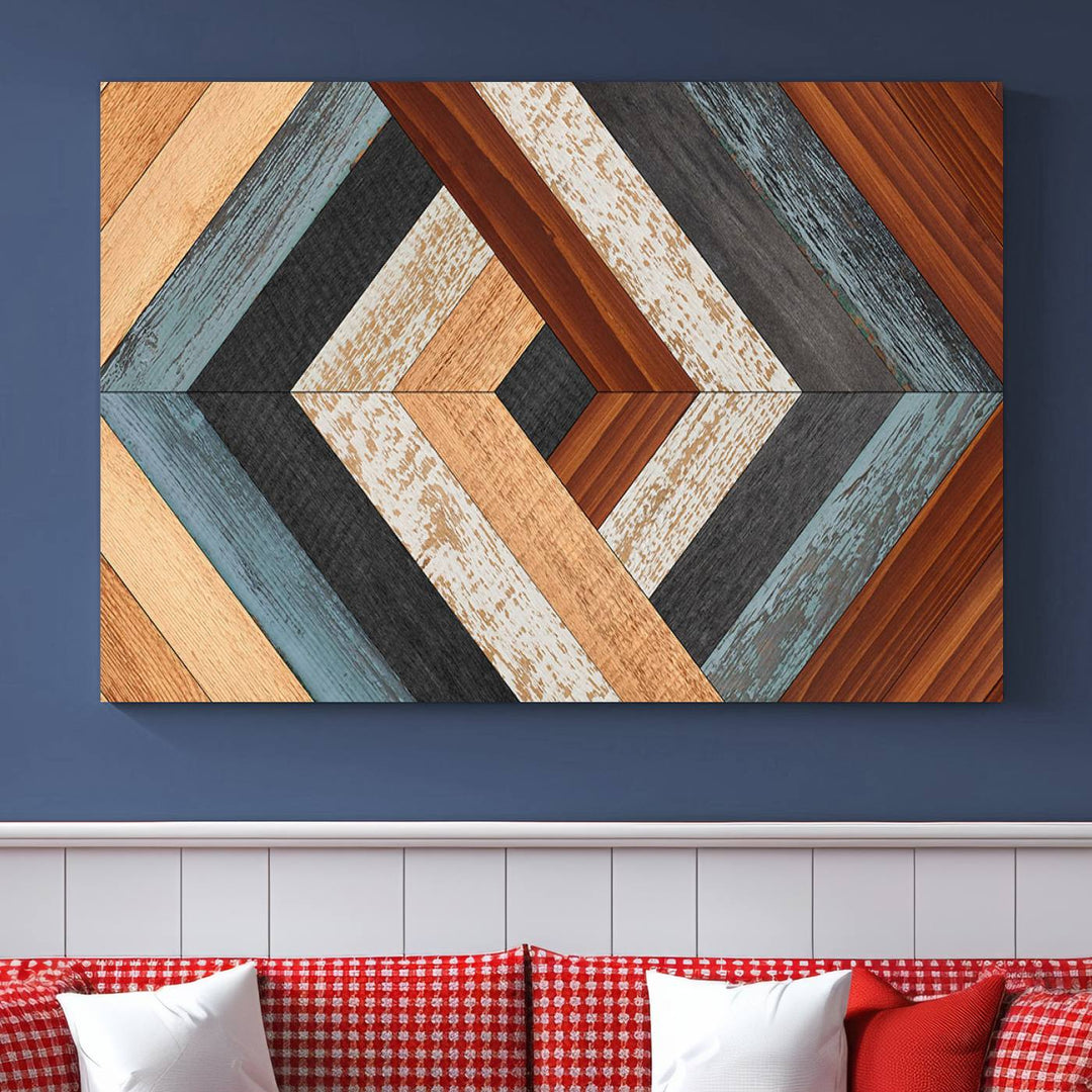 Wood Style Geometric Canvas Wall Art Print - Modern Multi Panel Wooden Style Design for Living Room, Office, or Bedroom, Ready to Hang Wall Decor