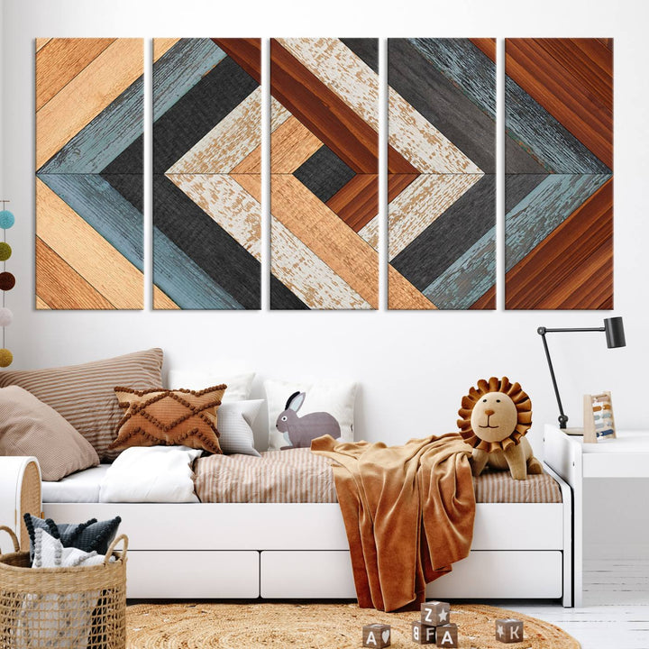 Wood Style Geometric Canvas Wall Art Print - Modern Multi Panel Wooden Style Design for Living Room, Office, or Bedroom, Ready to Hang Wall Decor