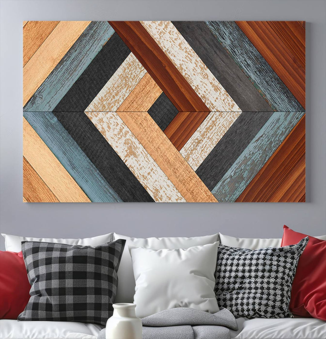 Wood Style Geometric Canvas Wall Art Print - Modern Multi Panel Wooden Style Design for Living Room, Office, or Bedroom, Ready to Hang Wall Decor