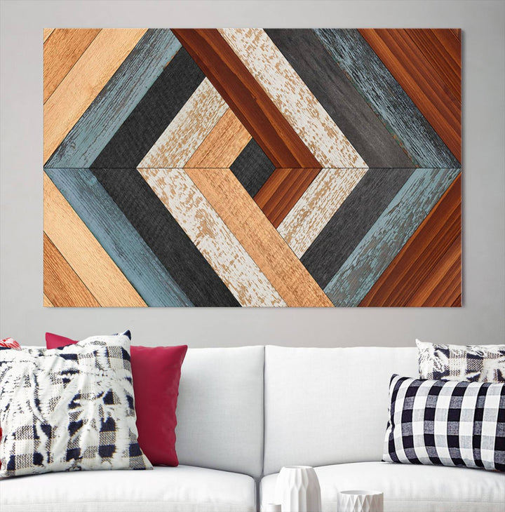 Wood Style Geometric Canvas Wall Art Print - Modern Multi Panel Wooden Style Design for Living Room, Office, or Bedroom, Ready to Hang Wall Decor