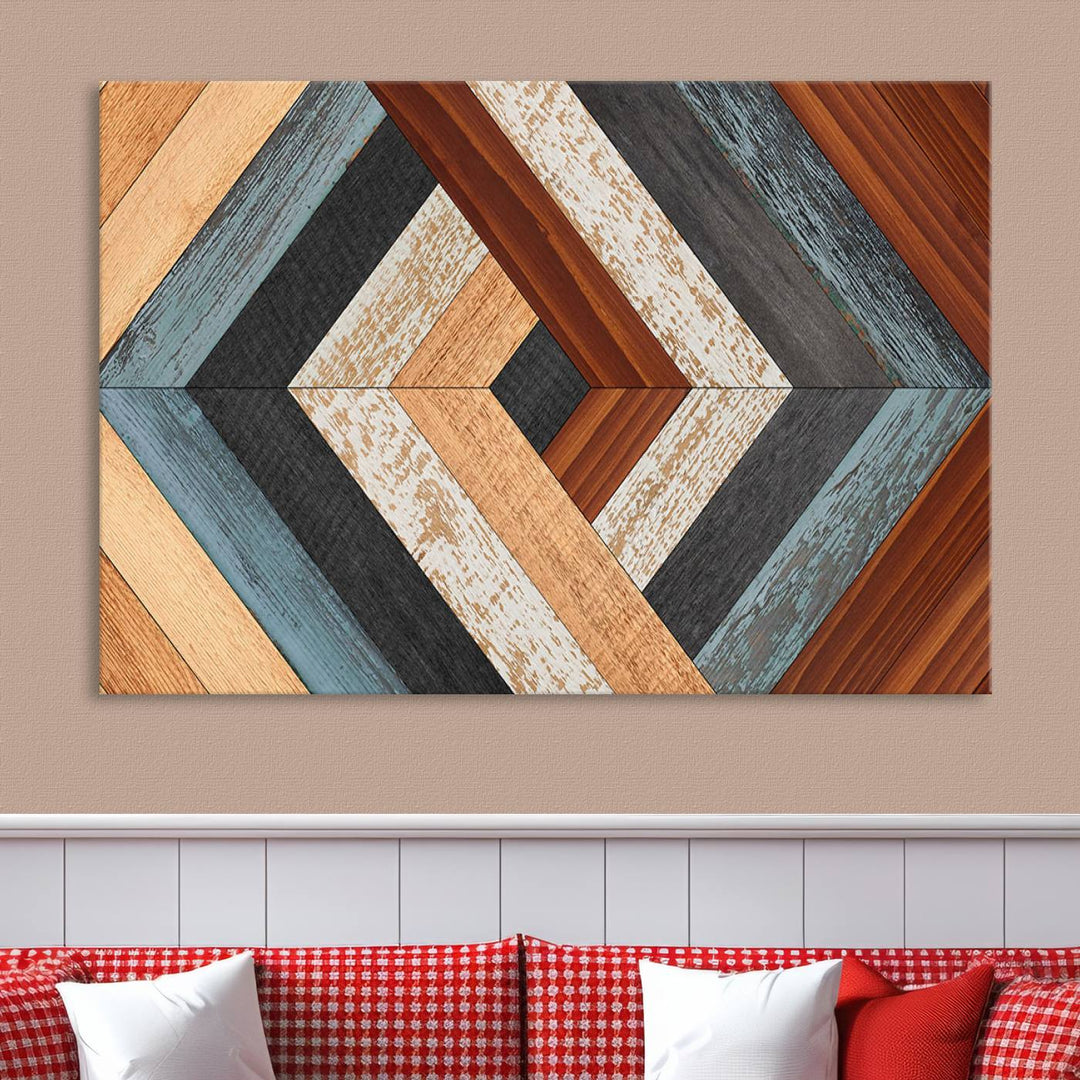 Wood Style Geometric Canvas Wall Art Print - Modern Multi Panel Wooden Style Design for Living Room, Office, or Bedroom, Ready to Hang Wall Decor