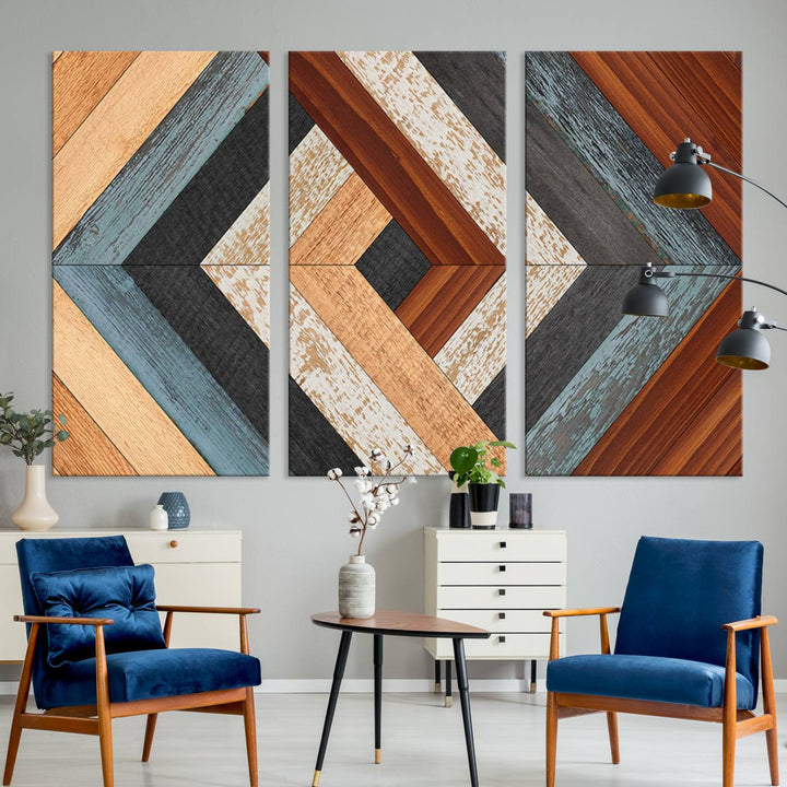 Wood Style Geometric Canvas Wall Art Print - Modern Multi Panel Wooden Style Design for Living Room, Office, or Bedroom, Ready to Hang Wall Decor