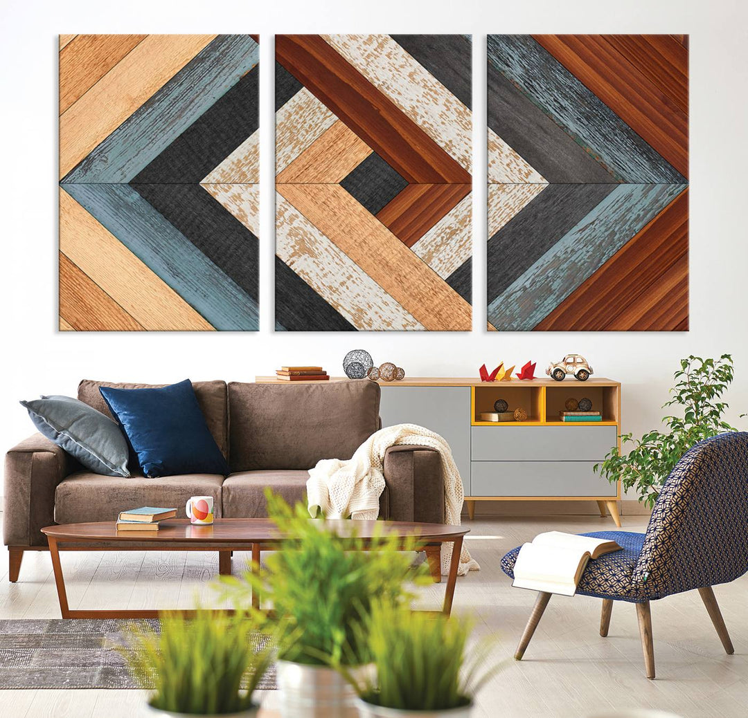 Wood Style Geometric Canvas Wall Art Print - Modern Multi Panel Wooden Style Design for Living Room, Office, or Bedroom, Ready to Hang Wall Decor