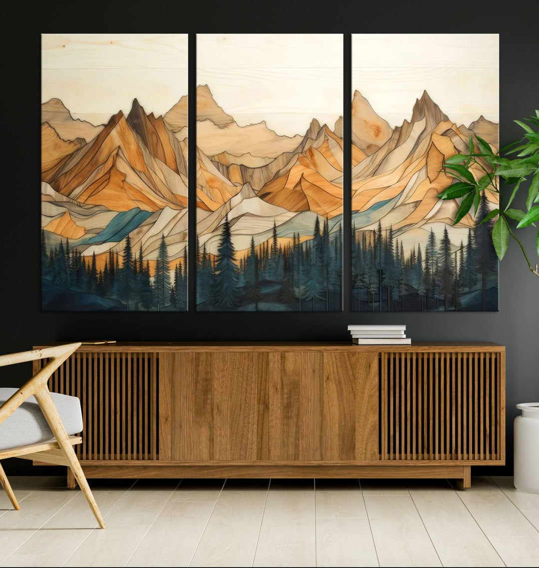 Wood Style Mountain and Forest View Wall Art Canvas Print