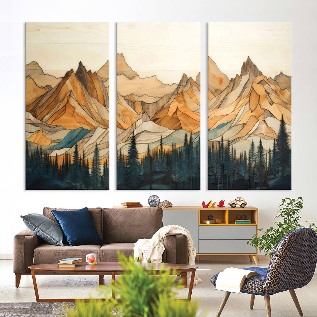 Wood Style Mountain and Forest View Wall Art Canvas Print