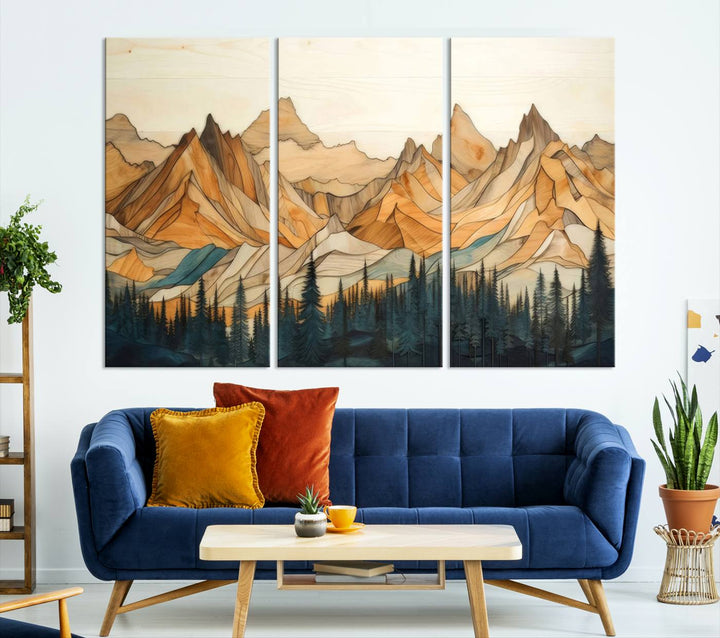 Wood Style Mountain and Forest View Wall Art Canvas Print