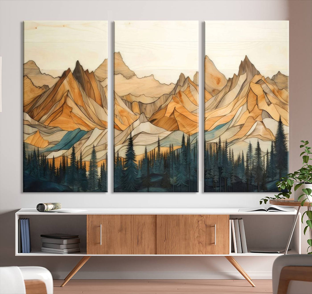 Wood Style Mountain and Forest View Wall Art Canvas Print