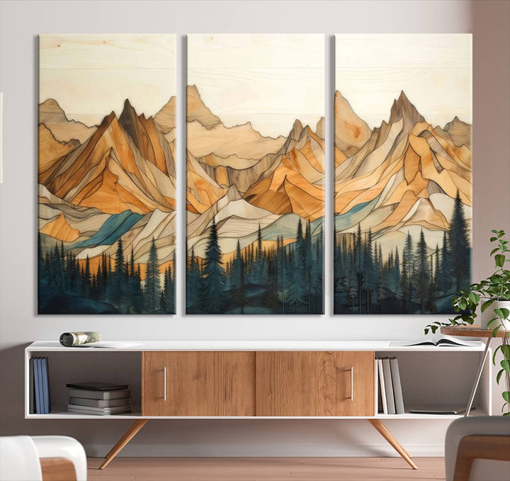 Wood Style Mountain and Forest View Wall Art Canvas Print