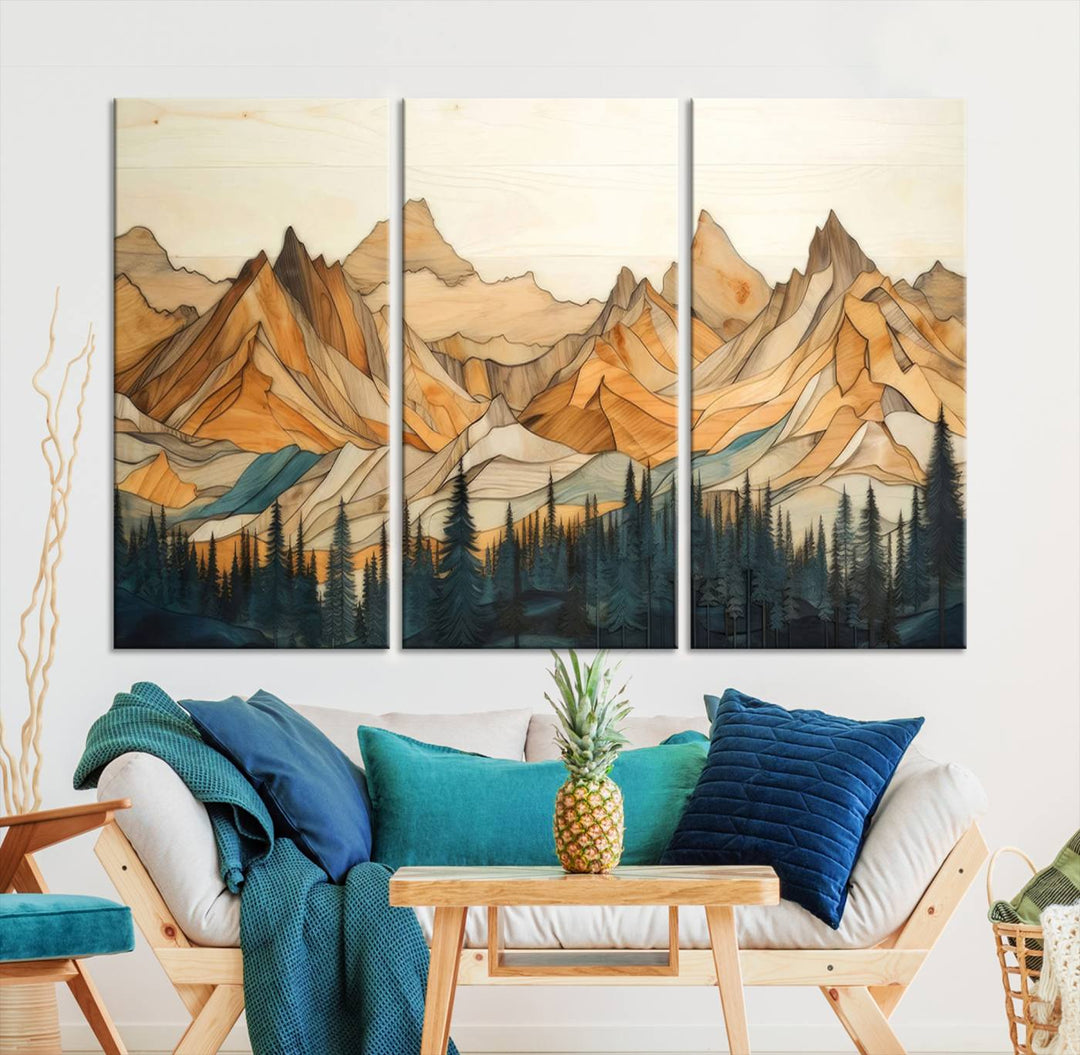 Wood Style Mountain and Forest View Wall Art Canvas Print