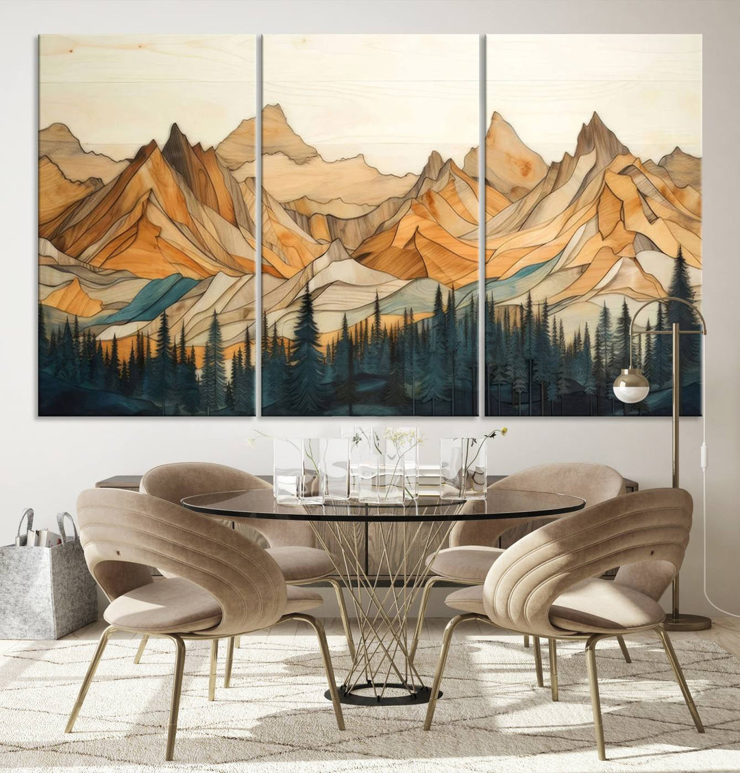 Wood Style Mountain and Forest View Wall Art Canvas Print