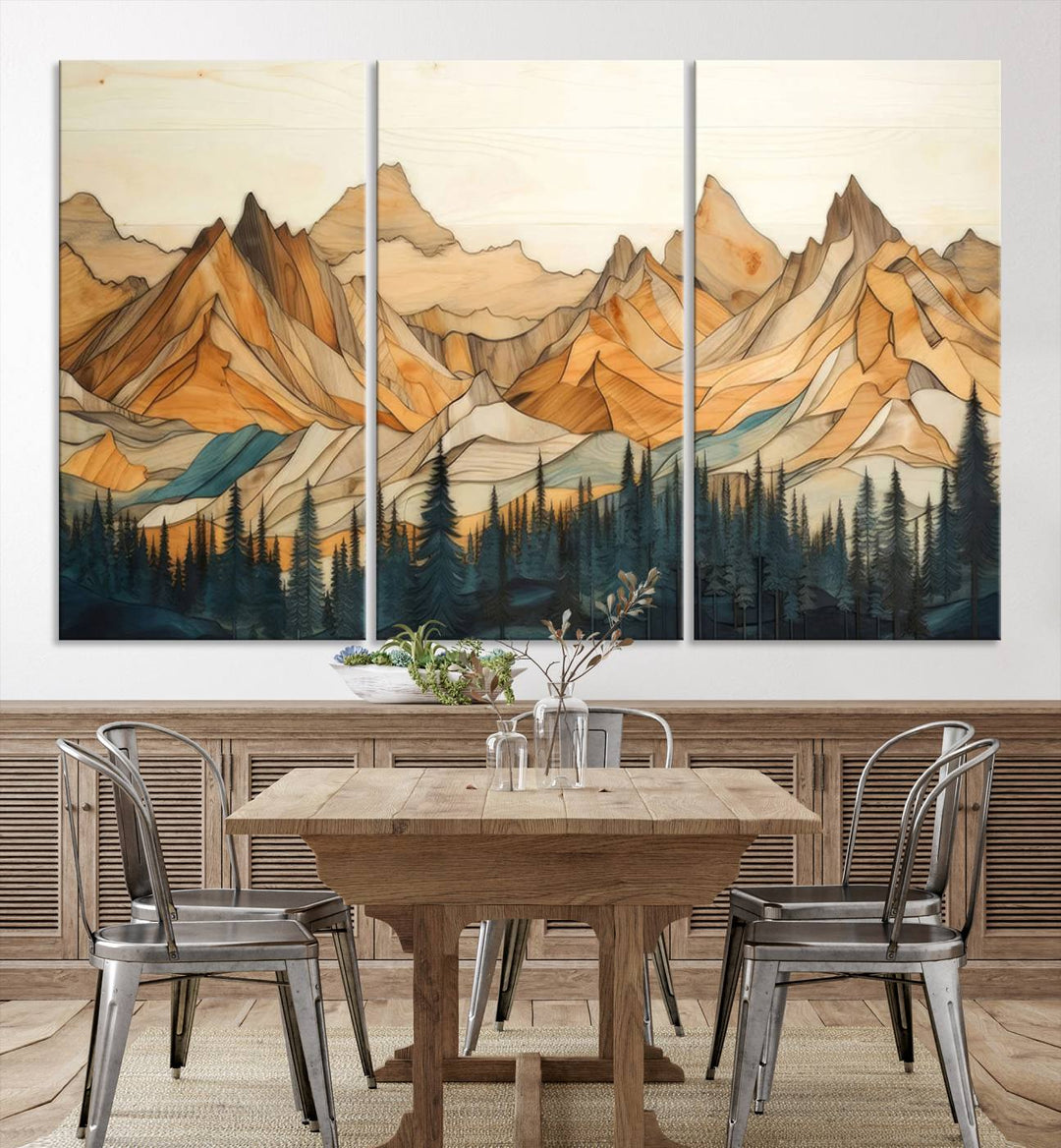 Wood Style Mountain and Forest View Wall Art Canvas Print