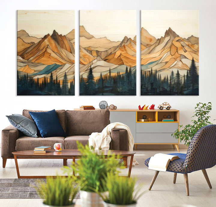 Wood Style Mountain and Forest View Wall Art Canvas Print