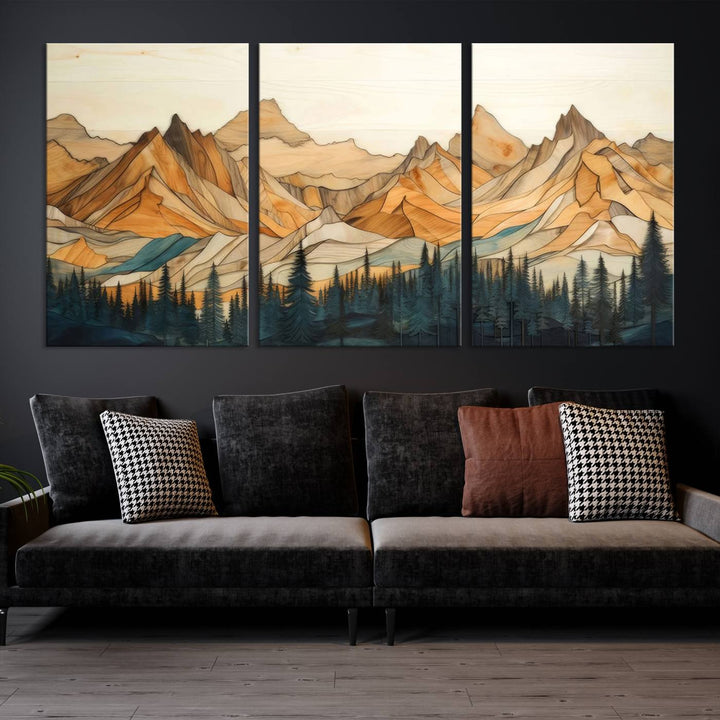 Wood Style Mountain and Forest View Wall Art Canvas Print