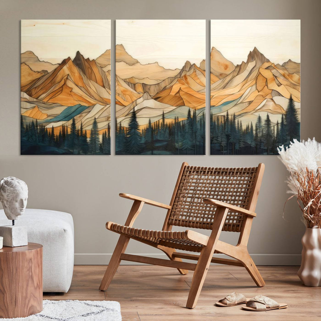 Wood Style Mountain and Forest View Wall Art Canvas Print